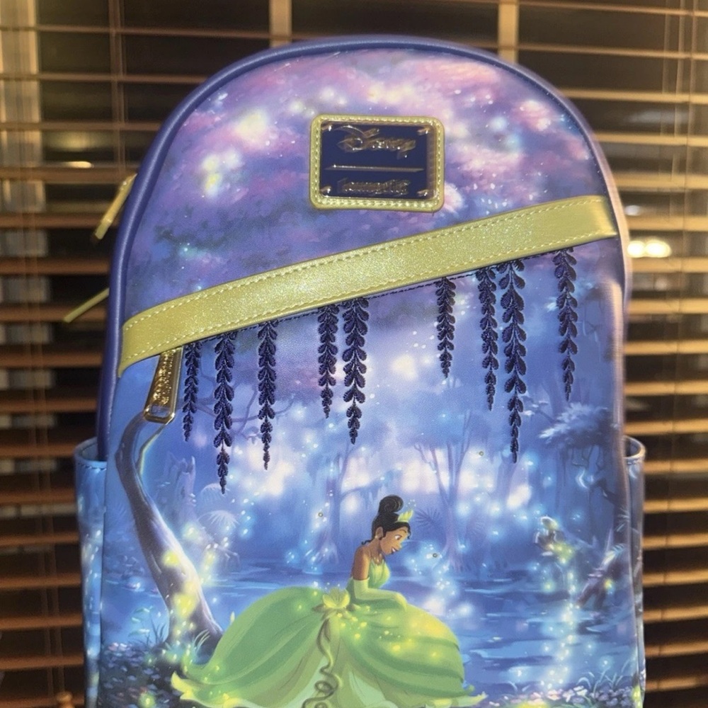 Loungefly Purple and Green Princess Tiana Mini Backpack with Gold Accent